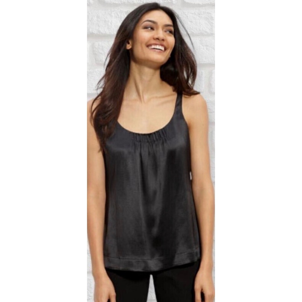 Eileen Fisher Black 100% Silk Pleated Scoop Neck Tank Top Blouse Size XS‎